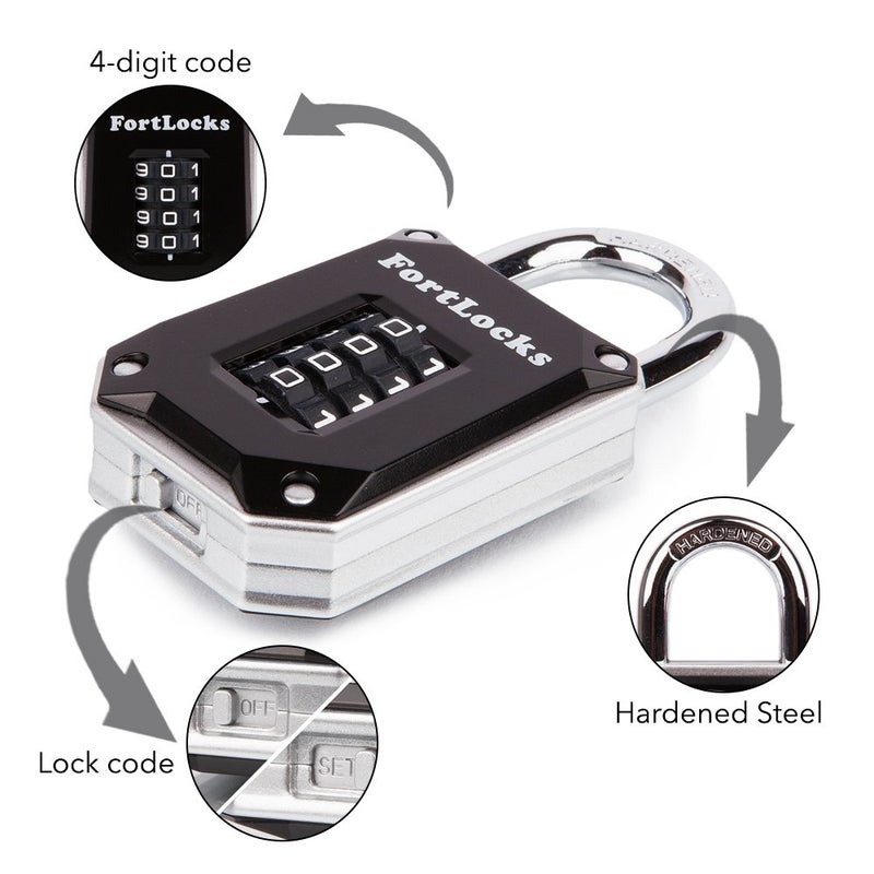 FortLocks 2 Pack - Heavy Duty, Waterproof, Resettable Combination Lock, 4 Digit, Silver - Image 3